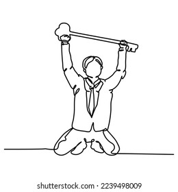 Happy expression continuous line design of a man holding a key. Solution finding concept design. Decorative elements drawn on a white background.