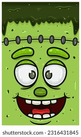 Happy Expression of Frankenstein Face Character Cartoon. Wallpaper, Cover, Label and Packaging Design. Vector Illustration