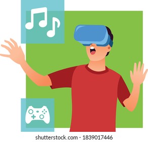 The happy expression of a young boy listening to music using vr