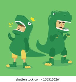 Happy expressive kids in green dinosaur costume