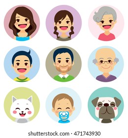 Happy extended family funny avatar portrait collection