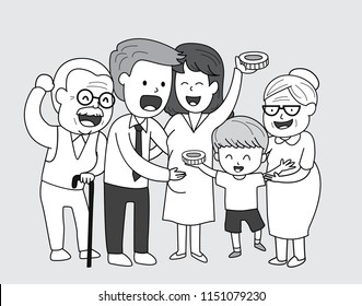 Happy Extended Family. Happy Extended Family Gesturing With Cheerful Smile, Black And White