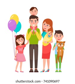 Happy Extended Family Icon Isolated On White Background. Vector Illustration With Parents With Baby, Daughter With Balloons And Two Brothers