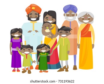 Happy extended indian smiling family with old grandparents, young parents and little children. Portrait of big hindu family together with cheerful smile. Vector illustration isolated on white