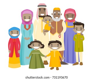 Happy extended muslim smiling family with old grandparents, young parents and little children. Big muslim family portrait together with cheerful smile. Vector illustration isolated on white background