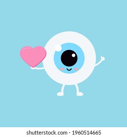 Happy eye with heart vector ophthalmology love icon. Flat design cartoon smiling eyeball character in love for valentines day design illustration. Happy boy hold heart in hand clip art image.