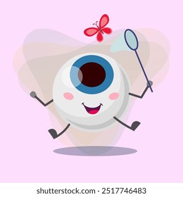 Personagem de desenho animado do globo ocular feliz com rede de arco captura borboleta vetor ilustração. Órgão humano de visão, visão, botânica, conceito de insetos para banner ou web design