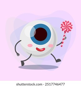 Happy eyeball cartoon character with lollipop vector illustration. Human organ of vision, healthcare, eyesight, treat concept for banner or web design
