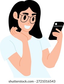 Happy Women's Brille mit ihrem Smartphone