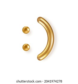 Happy face 3d gold icon isolated on white. Vector illustration of satisfaction level. Smiling emoji, good line emotions symbol, smile expression, laugh sign for user experience and customer feedback