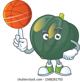 Happy face acorn squash cartoon character playing basketball