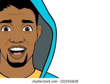 Happy face of African man in hoodie isolated on the white background. Close up. Advertising poster in the Pop art style. Vector illustration