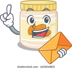 Happy face almond butter mascot design with envelope
