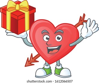 Happy face arrow love cartoon character having a box of gift