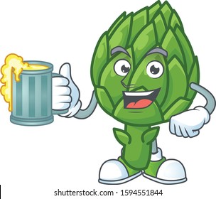 Happy face artichoke with a glass of beer