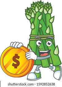 happy face asparagus cartoon character with gold coin