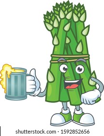 Happy face asparagus with a glass of beer