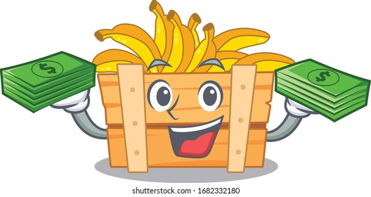 happy face banana fruit box character having money on hands