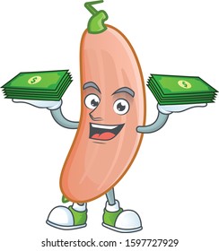 Happy face banana squash character with money on hand