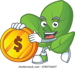 happy face basil cartoon character with gold coin