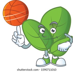 Happy face basil cartoon character playing basketball
