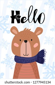 Happy face bear. Hand drawn graphic for typography poster, card, label, flyer, page, banner, baby wear, nursery. Scandinavian style. Cartoon Vector Illustration