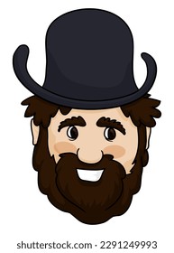 Happy face of bearded man with a black bowler hat in cartoon style.