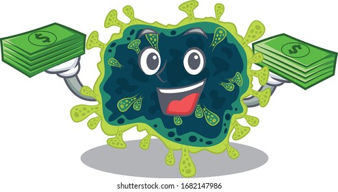 happy face beta coronavirus character having money on hands
