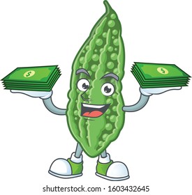 Happy face bitter melon character with money on hand