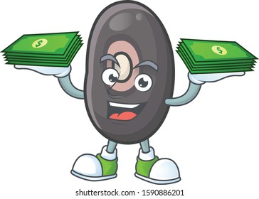 Happy face black beans character with money on hand