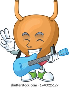 La cara feliz de la caricatura de vejiga toca música con una guitarra