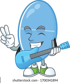 Happy face of blue capsule cartoon plays music with a guitar