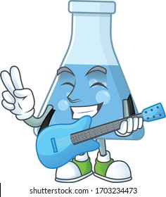 Happy face of blue chemical bottle cartoon plays music with a guitar