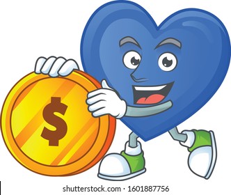 happy face blue love cartoon character with gold coin