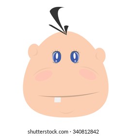 Happy face blue-eyed baby with a protruding tooth. Vector illustration isolated on a white background