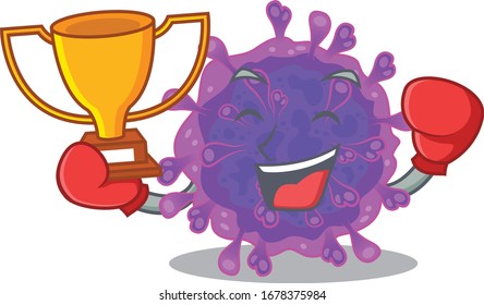 Happy face of boxing winner alpha coronavirus in mascot design style