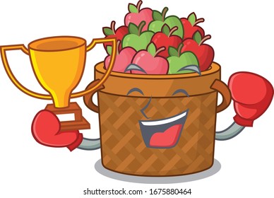 Happy face of boxing winner apple basket in mascot design style