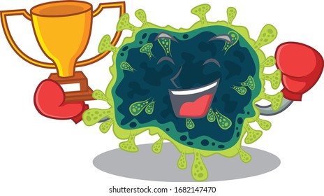 Glückliches Gesicht des Boxgewinners Beta-Coronavirus im Stil eines Maskottentauschs