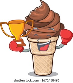 Happy face of boxing winner chocolate ice cream in mascot design style