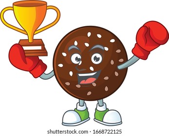 Happy face of boxing winner chokladboll in mascot design style