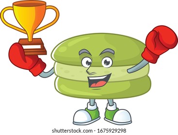 Happy face of boxing winner coconut macarons in mascot design style