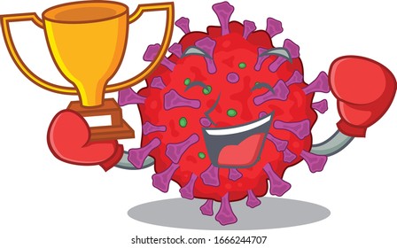 Happy face of boxing winner coronavirus particle in mascot design style