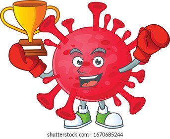 Happy face of boxing winner coronavirus amoeba in mascot design style
