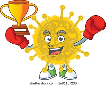Happy face of boxing winner coronavirus pandemic in mascot design style