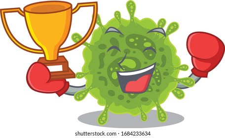 Happy face of boxing winner coronavirus in mascot design style