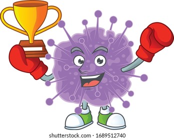Happy face of boxing winner coronavirus influenza in mascot design style