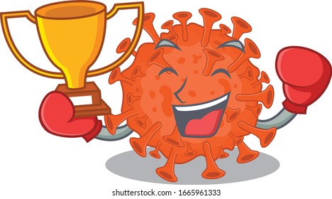 Frase feliz del coronavirus del microscopio electrónico ganador de boxeo en estilo de diseño de mascota