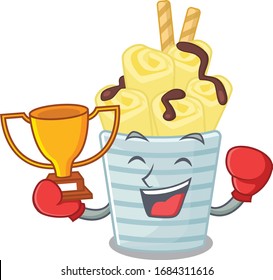 Happy face of boxing winner ice cream banana rolls in mascot design style