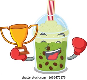 Happy face of boxing winner matcha bubble tea in mascot design style
