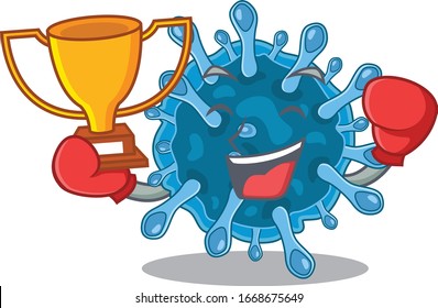 Feliz cara del virus de la corona microscópica del ganador del boxeo al estilo de diseño de mascota